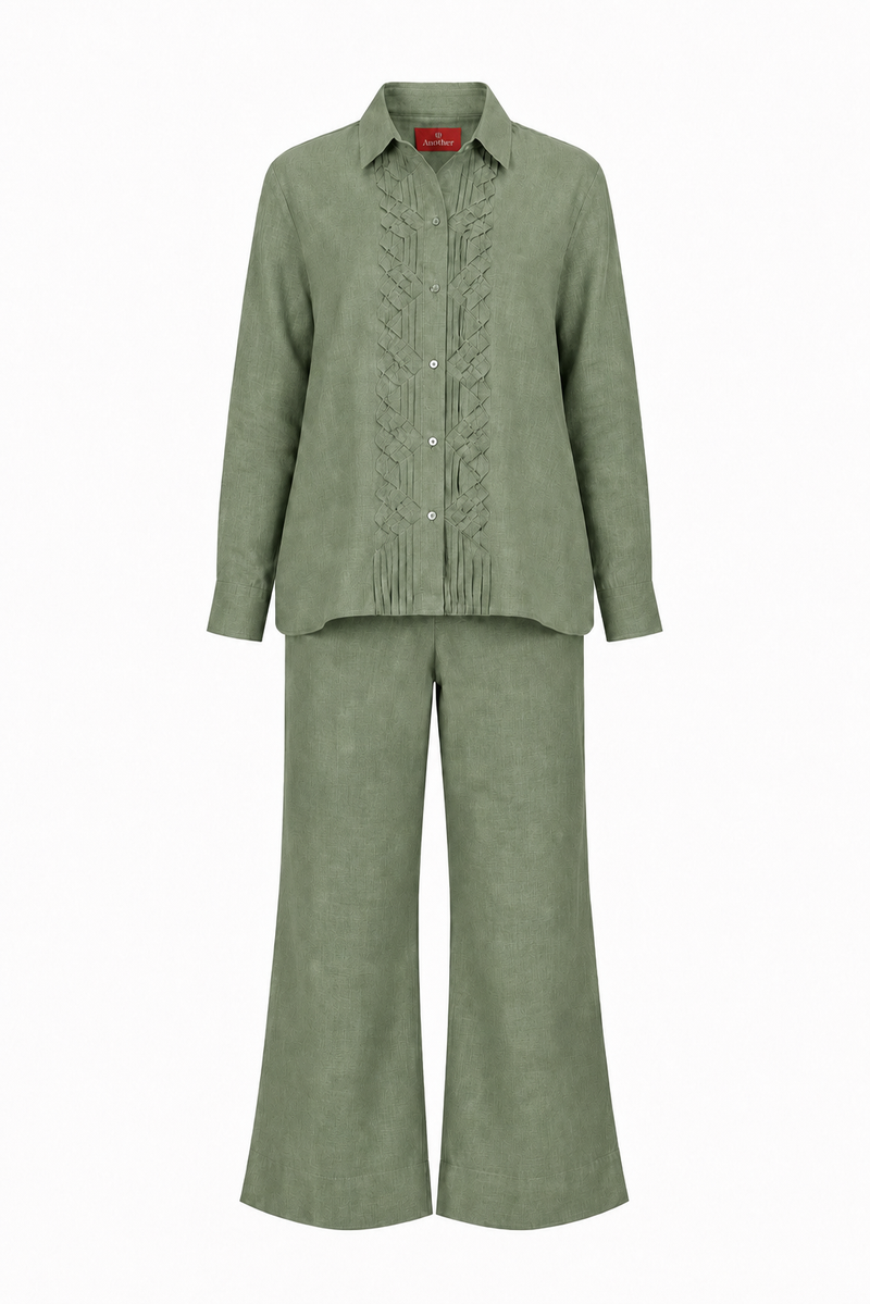 Classic Front Geometric Fold Shirt & Pant Set - Linen