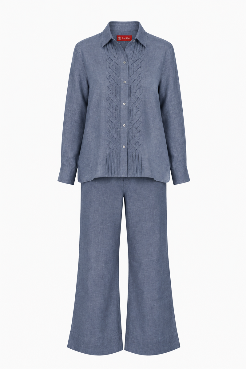 Classic Front Geometric Fold Shirt & Pant Set - Linen