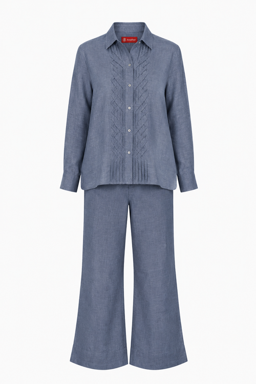 Classic Front Geometric Fold Shirt & Pant Set - Linen