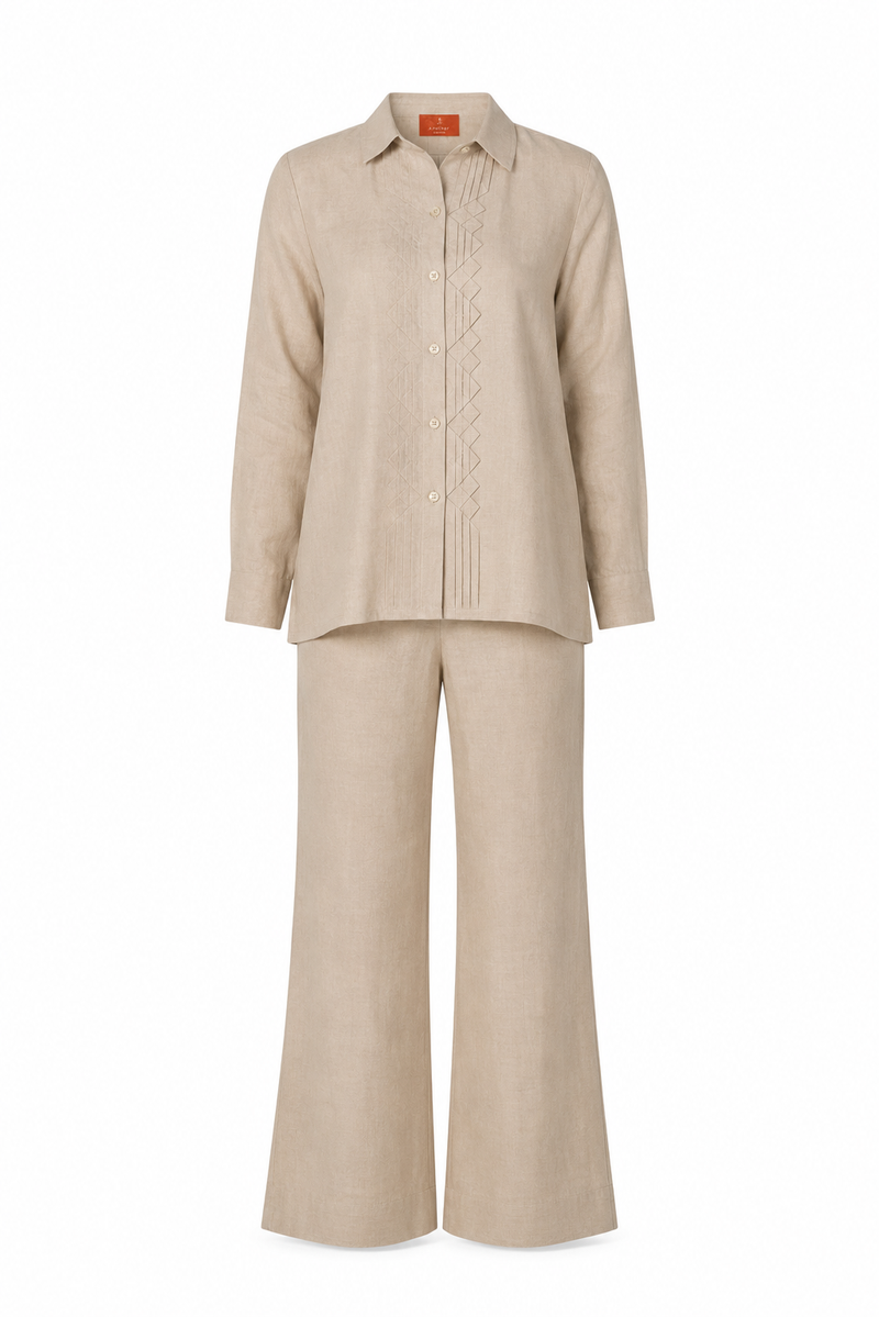Classic Front Geometric Fold Shirt & Pant Set - Linen