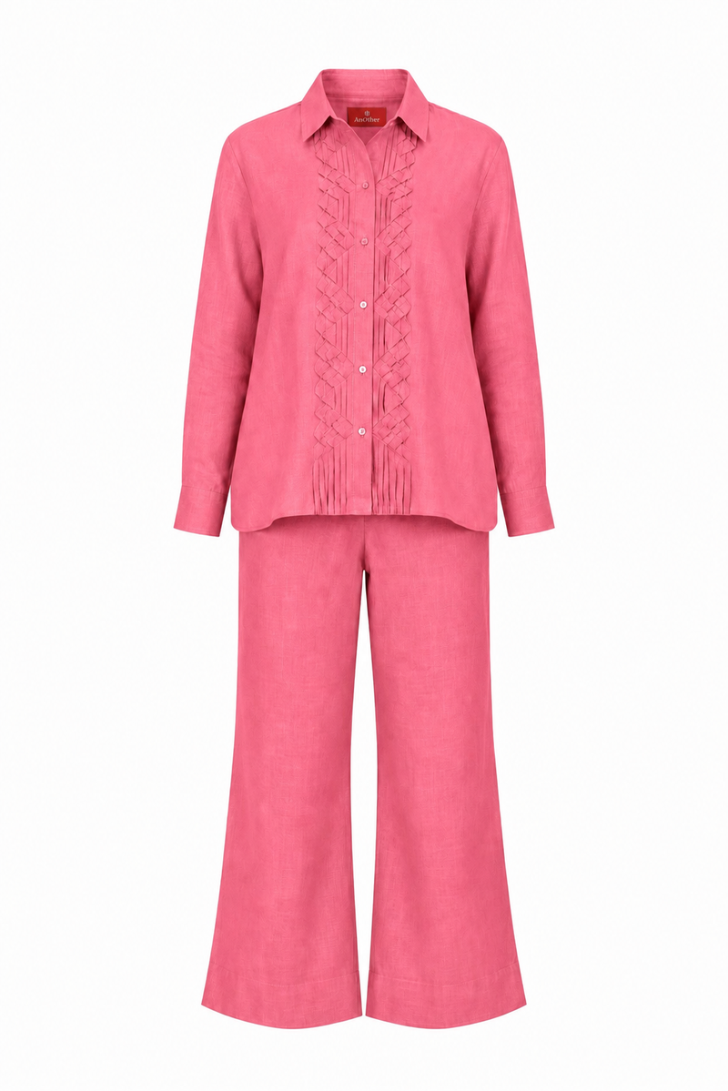 Classic Front Geometric Fold Shirt & Pant Set - Linen